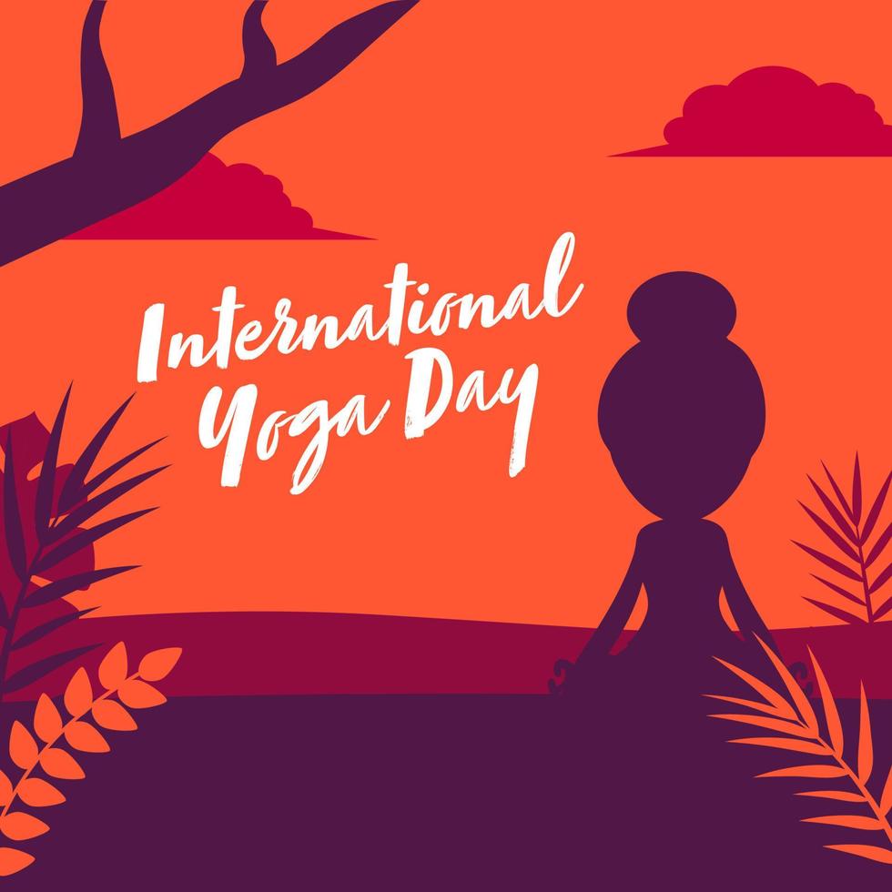 internazionale yoga giorno font con silhouette di ragazza Meditare nel loto posa su colorato natura sfondo. vettore