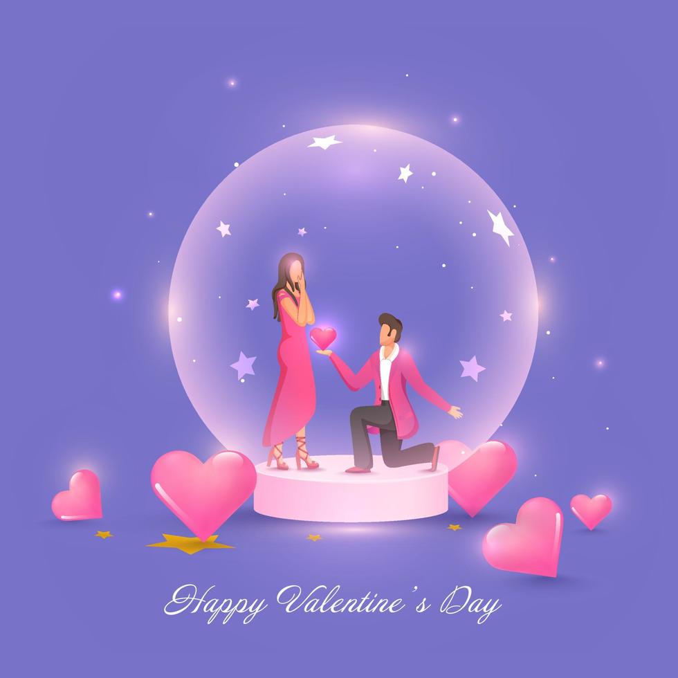 giovane uomo proponente il suo fidanzata dentro bicchiere globo con lucido rosa cuori su il occasione di contento San Valentino giorno. vettore