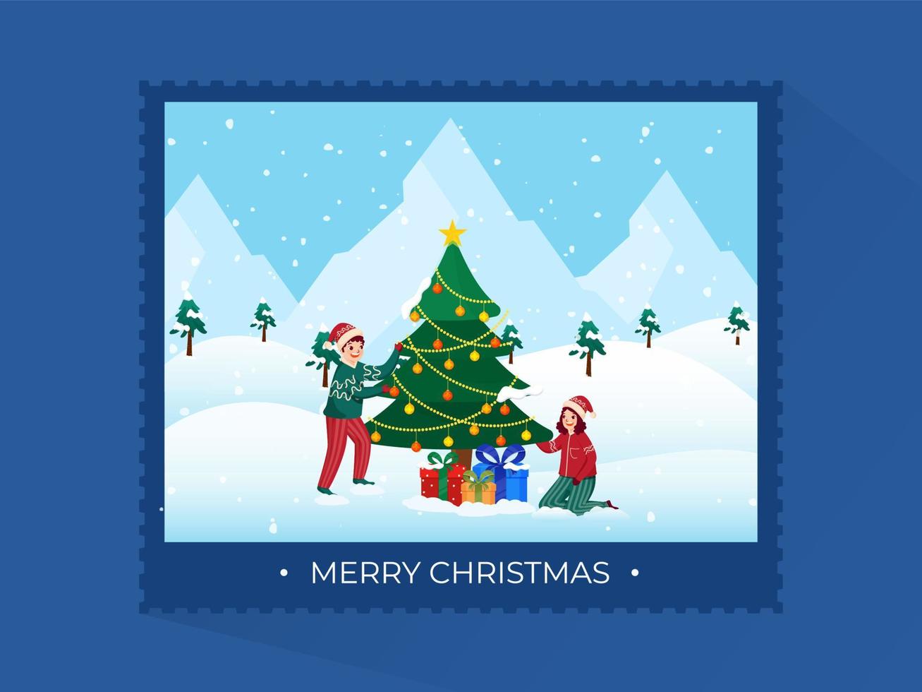 allegro Natale affrancatura francobollo con allegro bambini e regalo scatole su inverno paesaggio sfondo. vettore