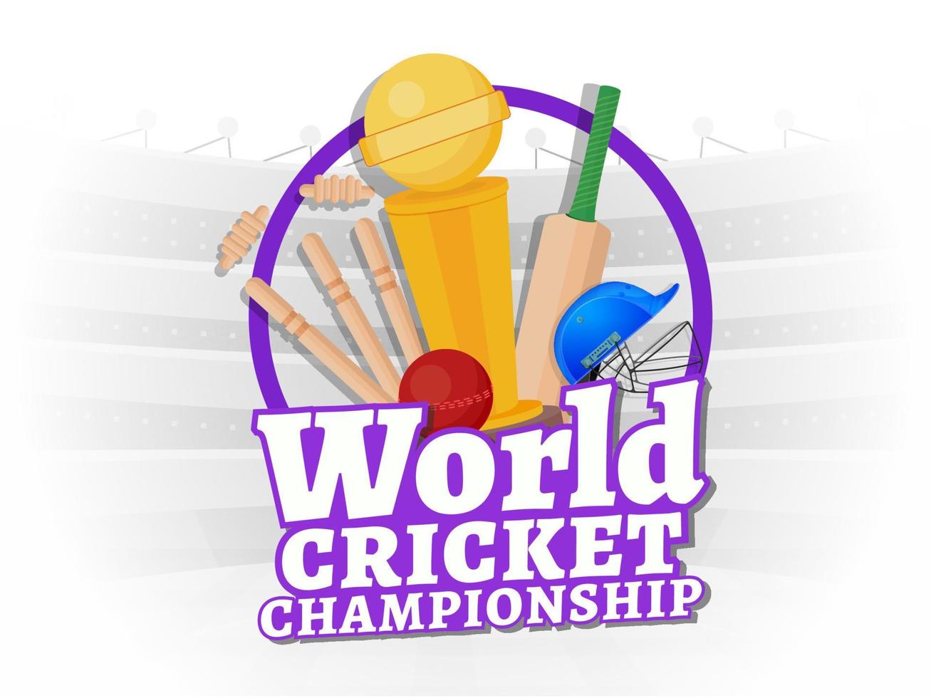 etichetta stile mondo cricket campionato testo con trofeo tazza e attrezzature su stadio Visualizza bianca sfondo. vettore