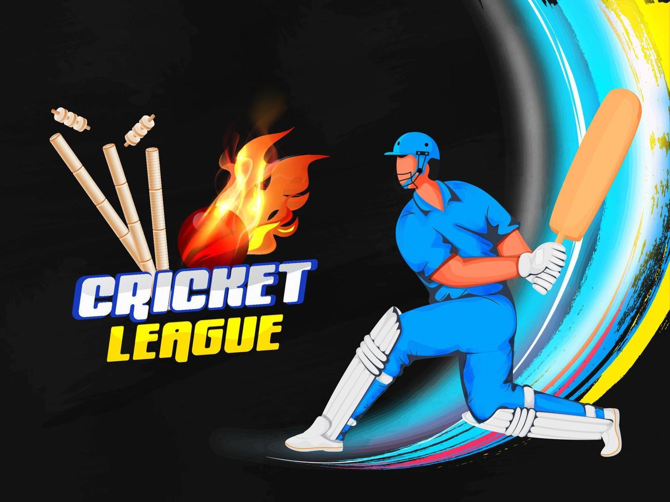 cricket lega manifesto design con cartone animato battitore nel giocando posa su nero sfondo. vettore