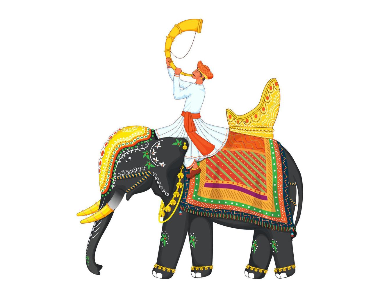 cartone animato uomo soffiaggio tutari corno sedersi su decorativo elefante per indiano celebrazione. vettore