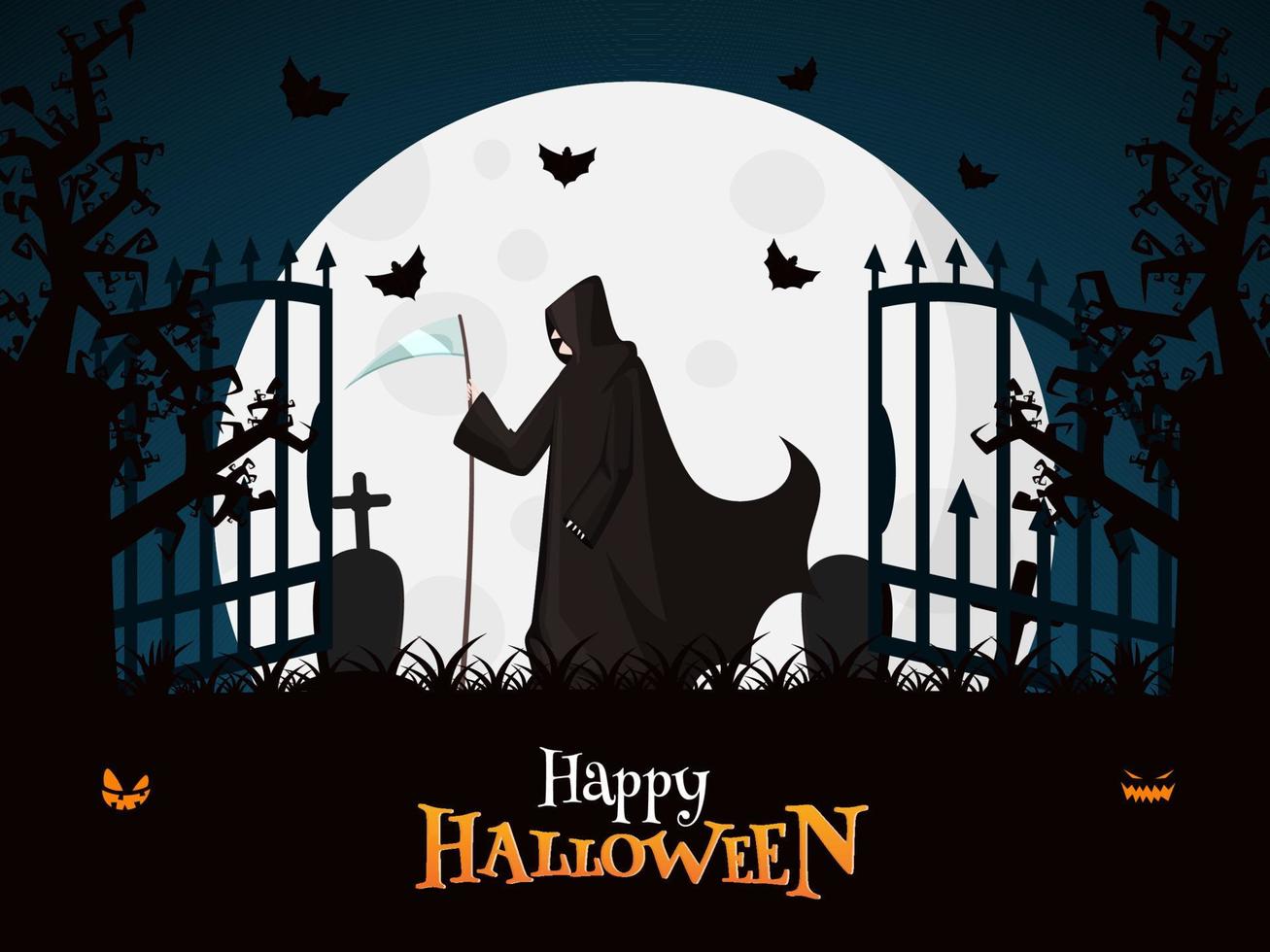 pieno Luna cimitero Visualizza sfondo con volante pipistrelli, jack-o-lantern e truce mietitrice su il occasione di contento Halloween. vettore