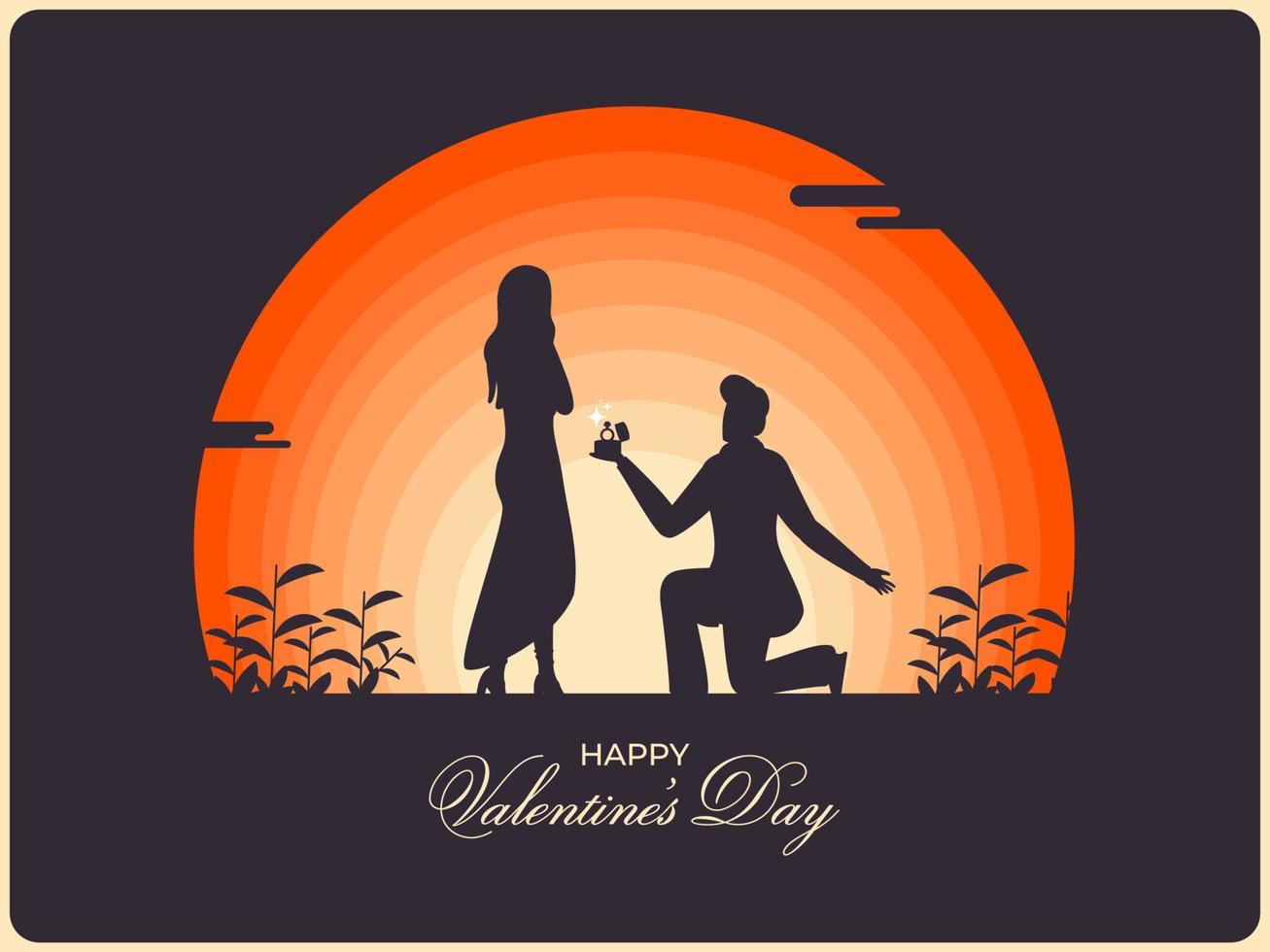 silhouette uomo proporre per il suo fidanzata su sera Visualizza sfondo per contento San Valentino giorno celebrazione. vettore