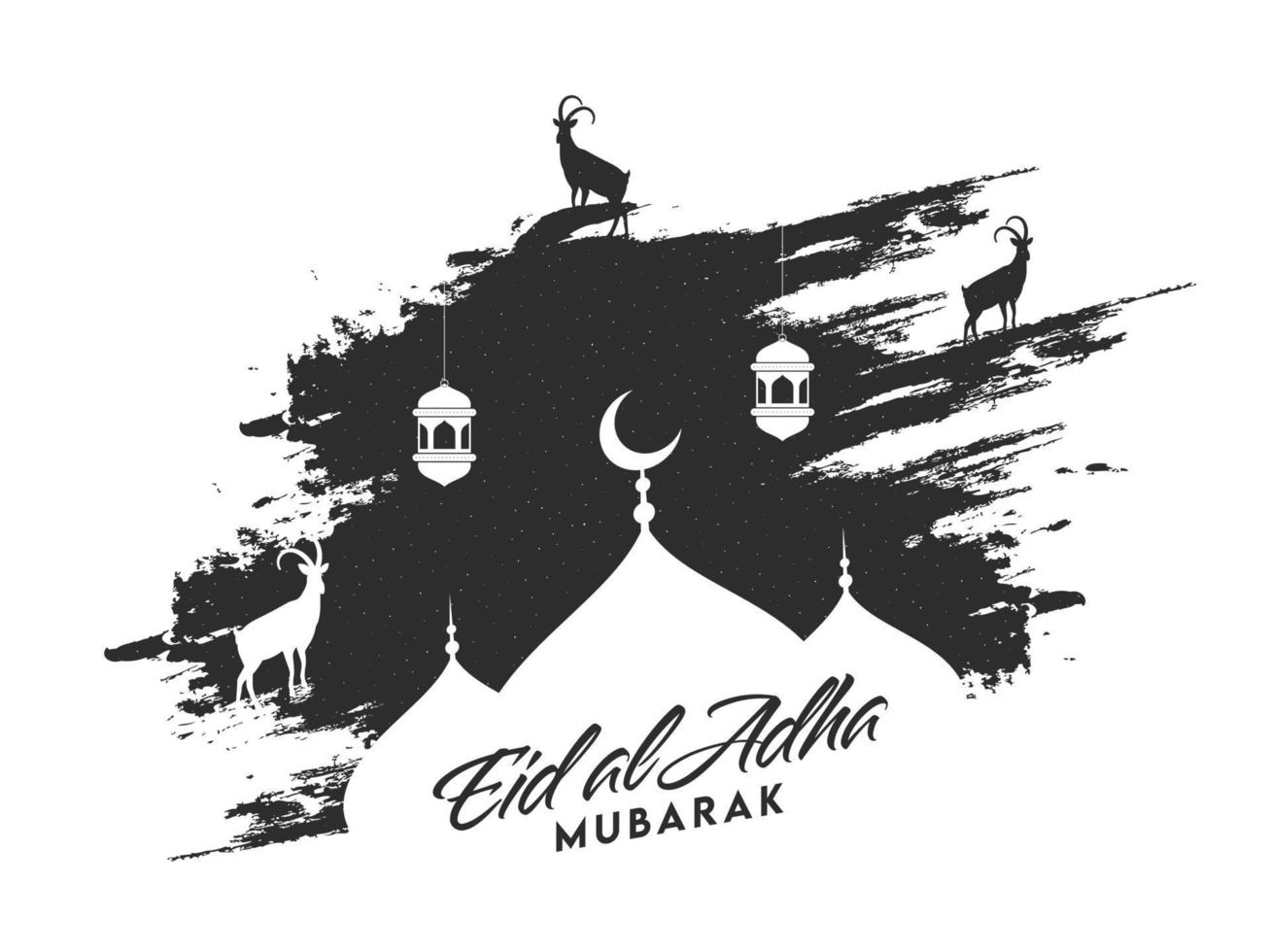 Eid-al-Adha mubarak font con silhouette moschea, capre, sospeso lanterne e nero spazzola ictus grunge su bianca sfondo. vettore