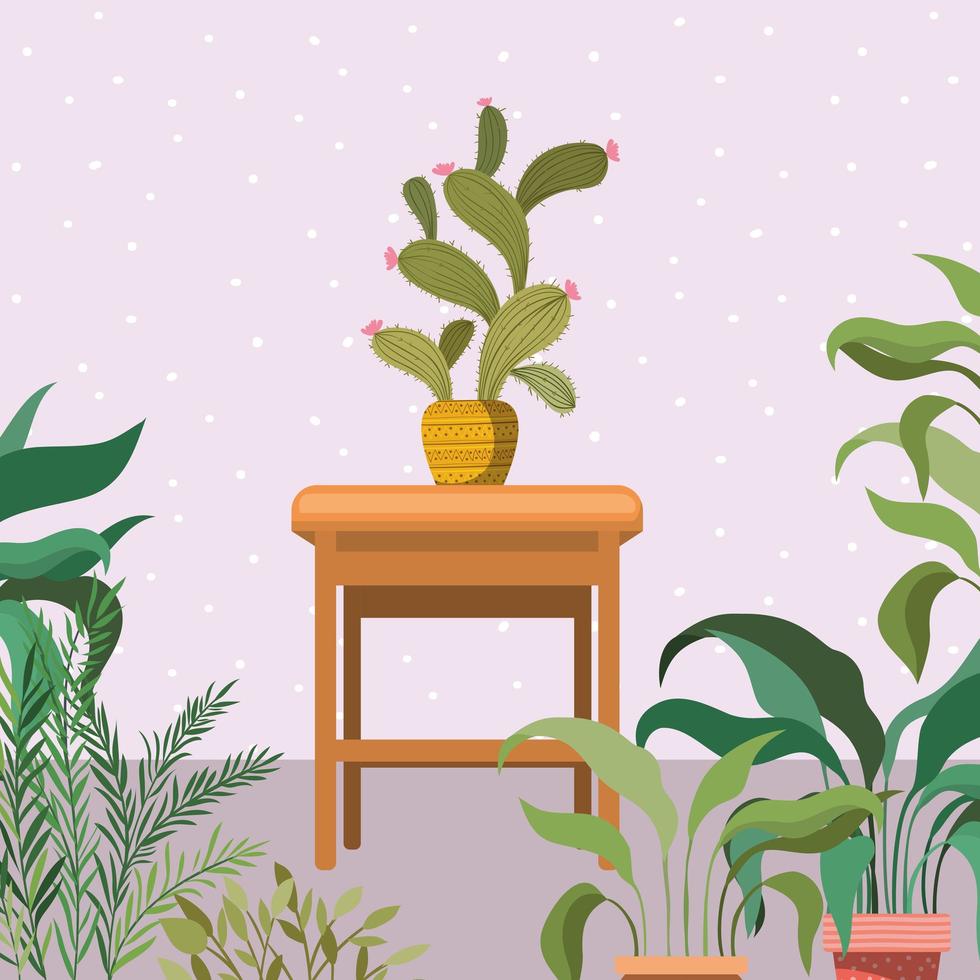 piante d'appartamento su una sedia di legno, scena del giardino vettore