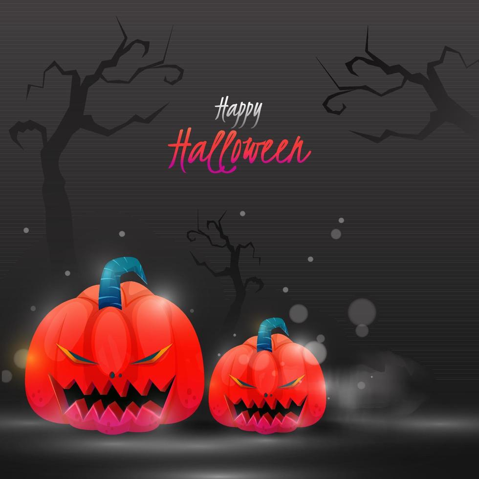 contento Halloween manifesto design con jack-o-lantern, spoglio alberi e bokeh effetto su buio grigio sfondo. vettore