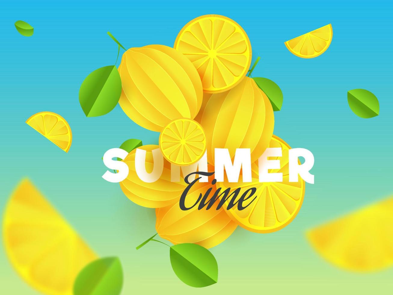 estate tempo testo con giallo limoni e verde le foglie decorato su blu sfondo. vettore