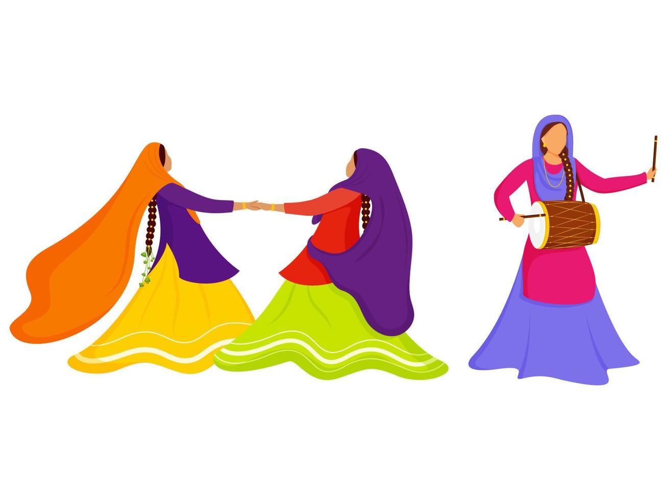 cartone animato punjabi donne godendo o festeggiare con dhol strumento su bianca sfondo. vettore