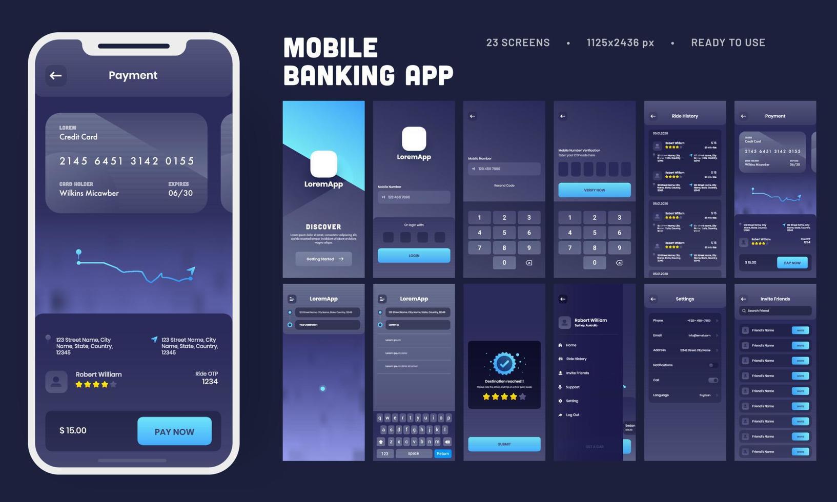 mobile bancario App ui kit con multiplo schermi come Accedere, verifica, cavalcata storia, pagamento, ambientazione e invitare gli amici. vettore