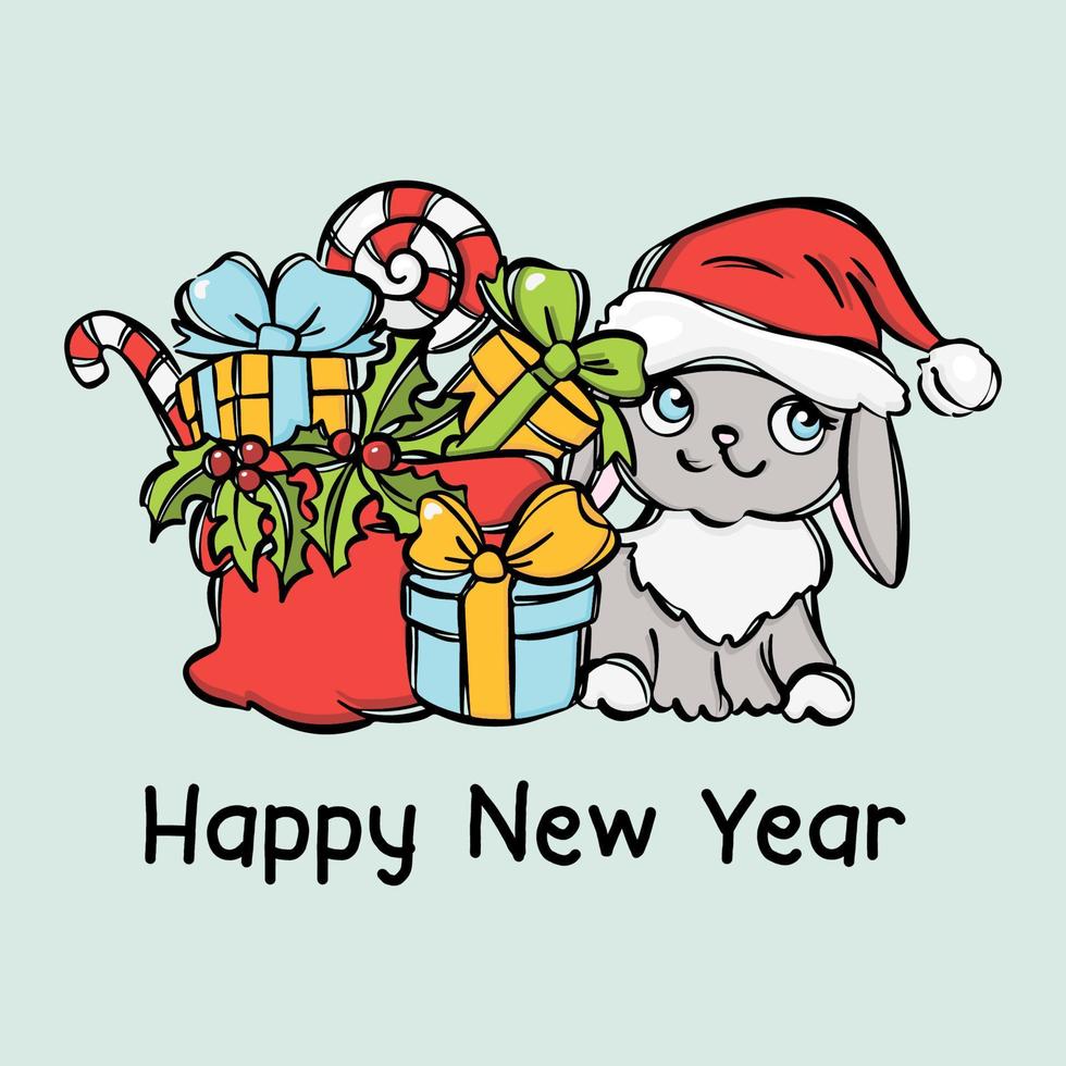 contento nuovo anno carta carino coniglio nel Santa cappello i regali vettore