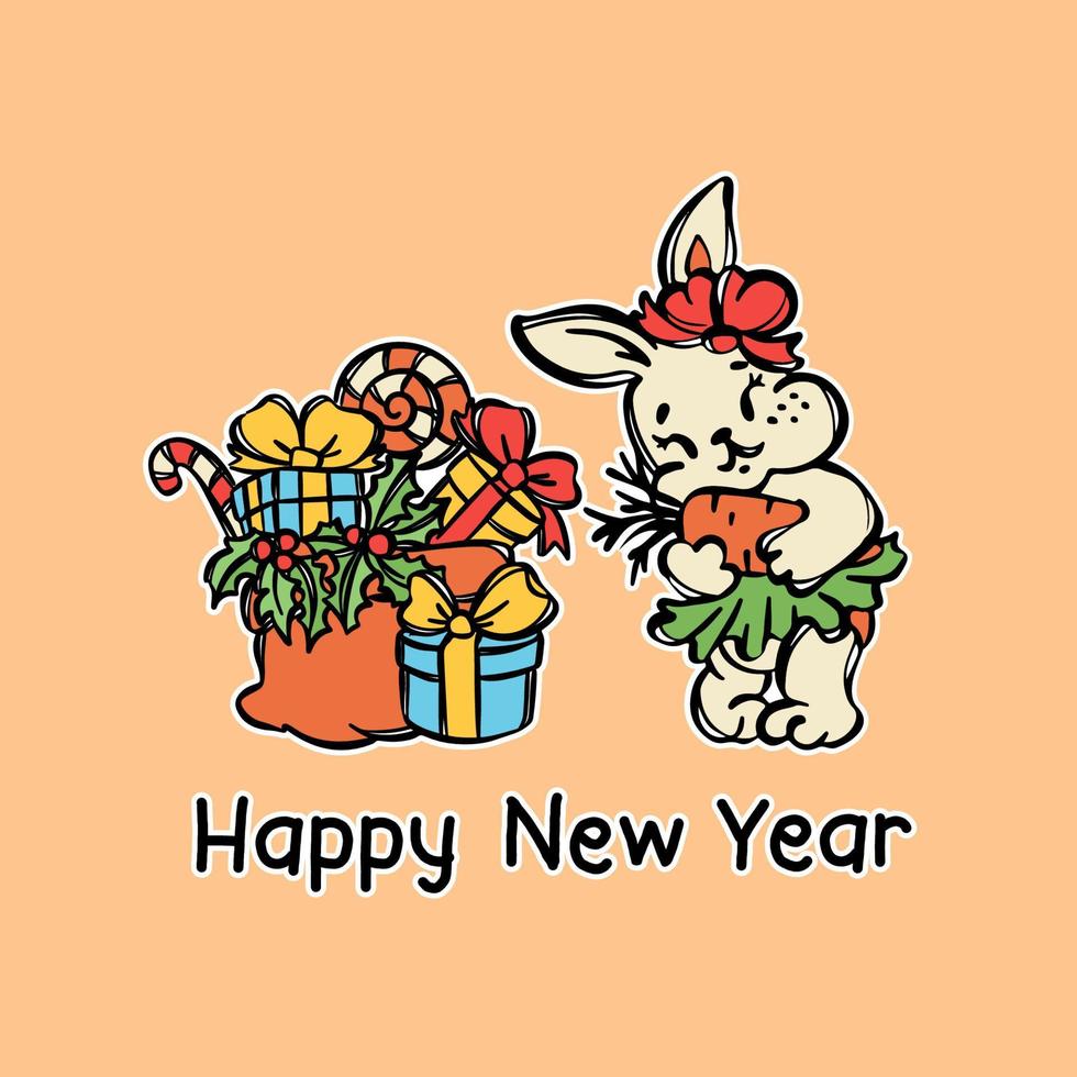 contento nuovo anno coniglio cartone animato carino lepre bambino abbracci carota vettore