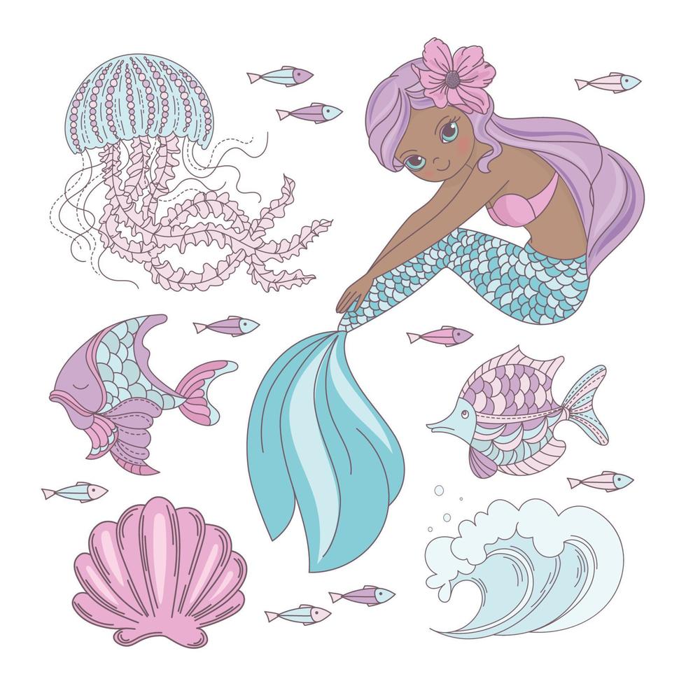 sirena Guarda Principessa ragazza mare animale vettore illustrazione impostato