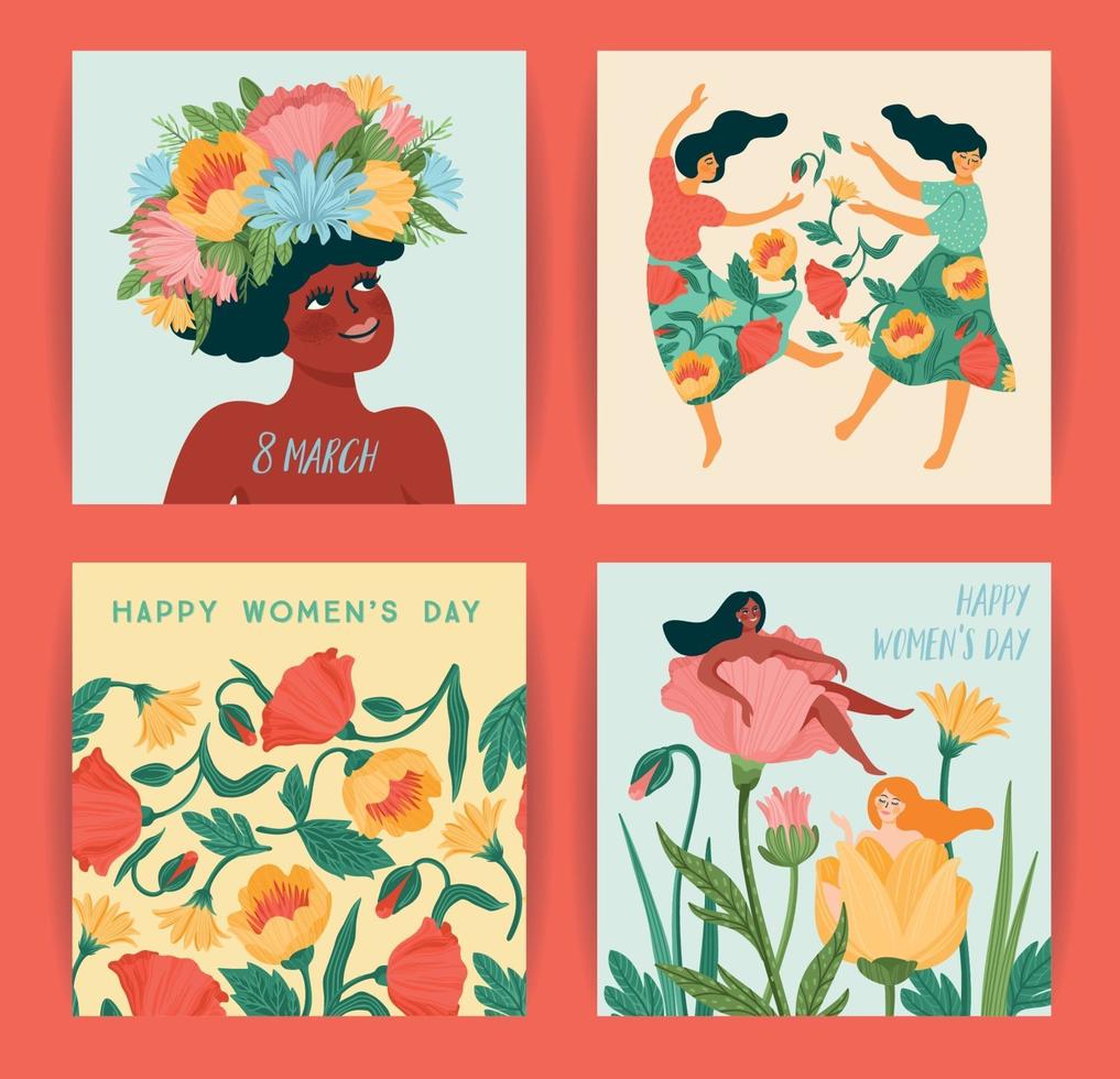 giornata internazionale della donna. set di illustrazioni vettoriali con fiori e donne carine