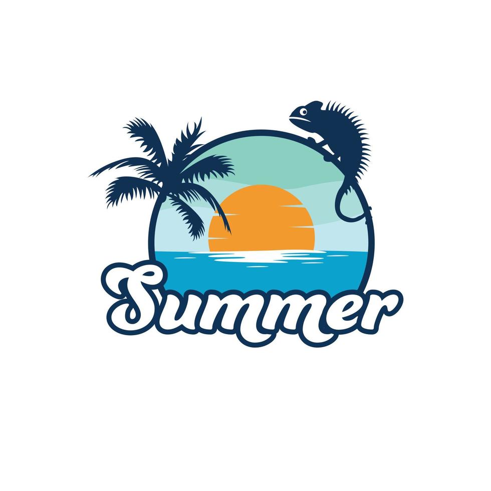 estate viaggio logo design. tropicale paesaggio con iguana logotipo. mare e sole bellissimo viaggio icona. vettore