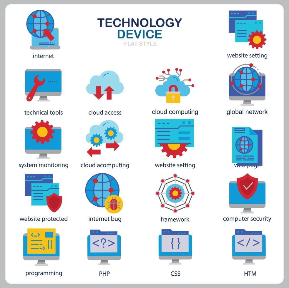 icona della tecnologia impostata per sito Web, documento, poster design, stampa, applicazione. tecnologia dispositivo concetto icona stile piatto. vettore