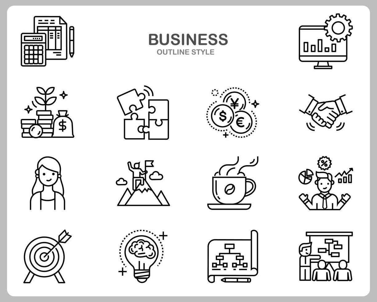 set di icone aziendali per sito Web, documento, poster design, stampa, applicazione. stile di contorno icona di concetto di affari. vettore