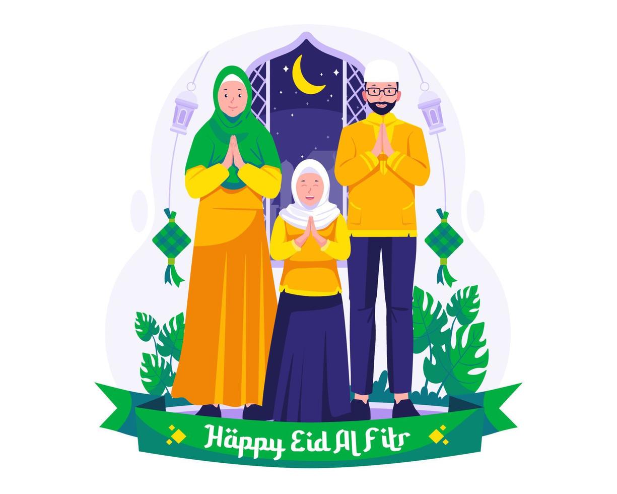 contento eid mubarak saluto illustrazione concetto. un' musulmano famiglia desiderando e saluto eid al-Fitr vettore