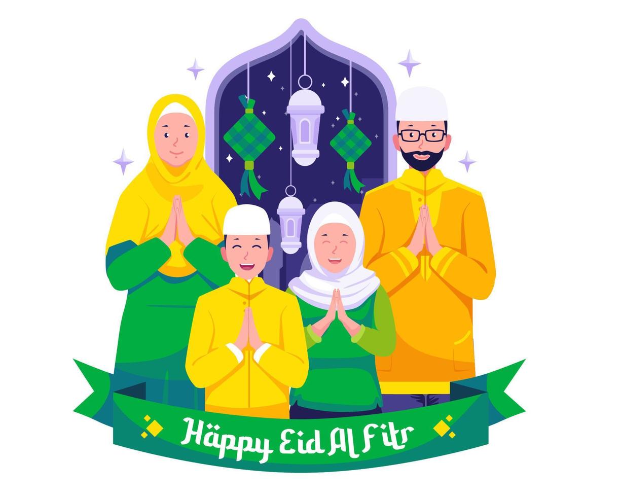 contento musulmano famiglia e saluto e festeggiare eid mubarak. musulmano persone desiderio e salutare eid al-Fitr illustrazione vettore