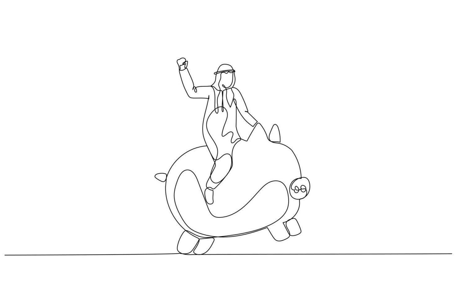 illustrazione di arabo uomo d'affari equitazione porcellino banca. metafora per investimento e Salvataggio. singolo linea arte stile vettore