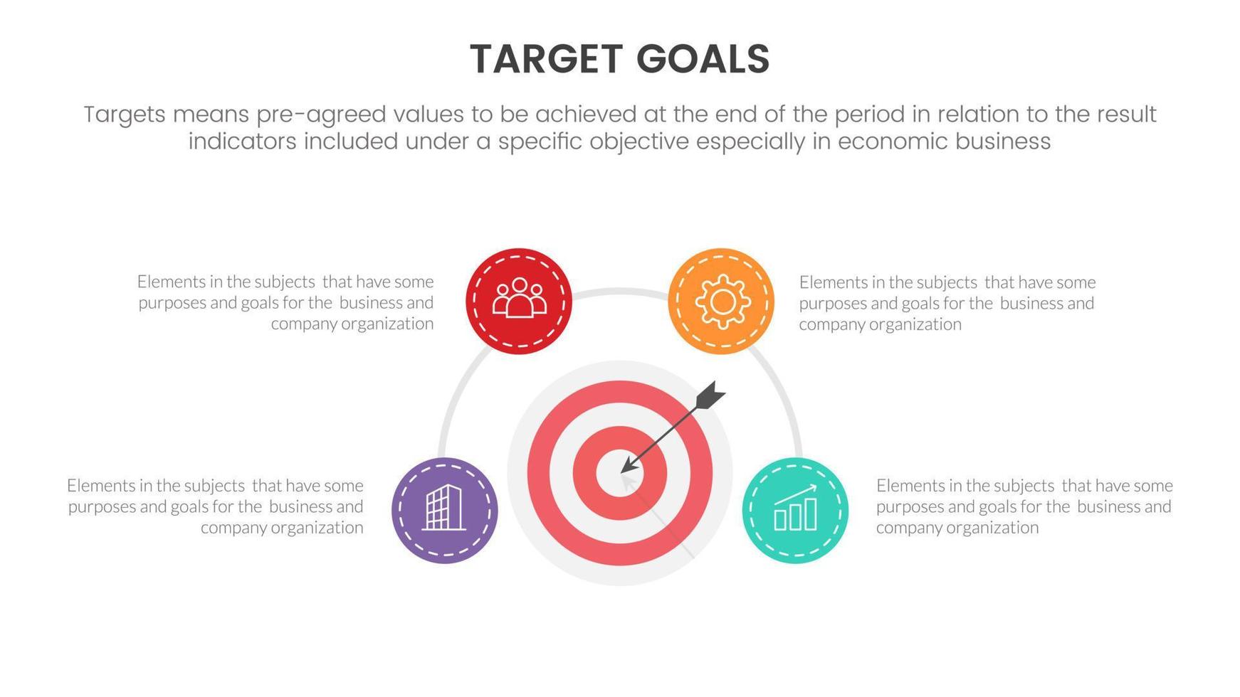 obiettivi o bersaglio Infografica con cerchio e circolare concetto per diapositiva presentazione modello vettore