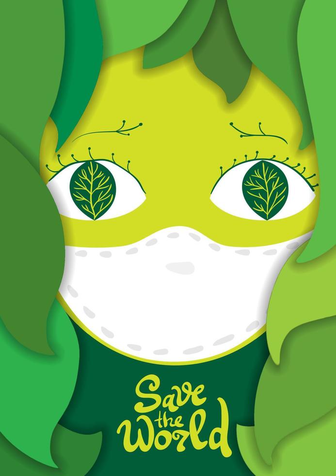 Salva il mondo. donna viso composto di verde le foglie nel medico maschera. madre natura. carta tagliare su illustrazione vettore