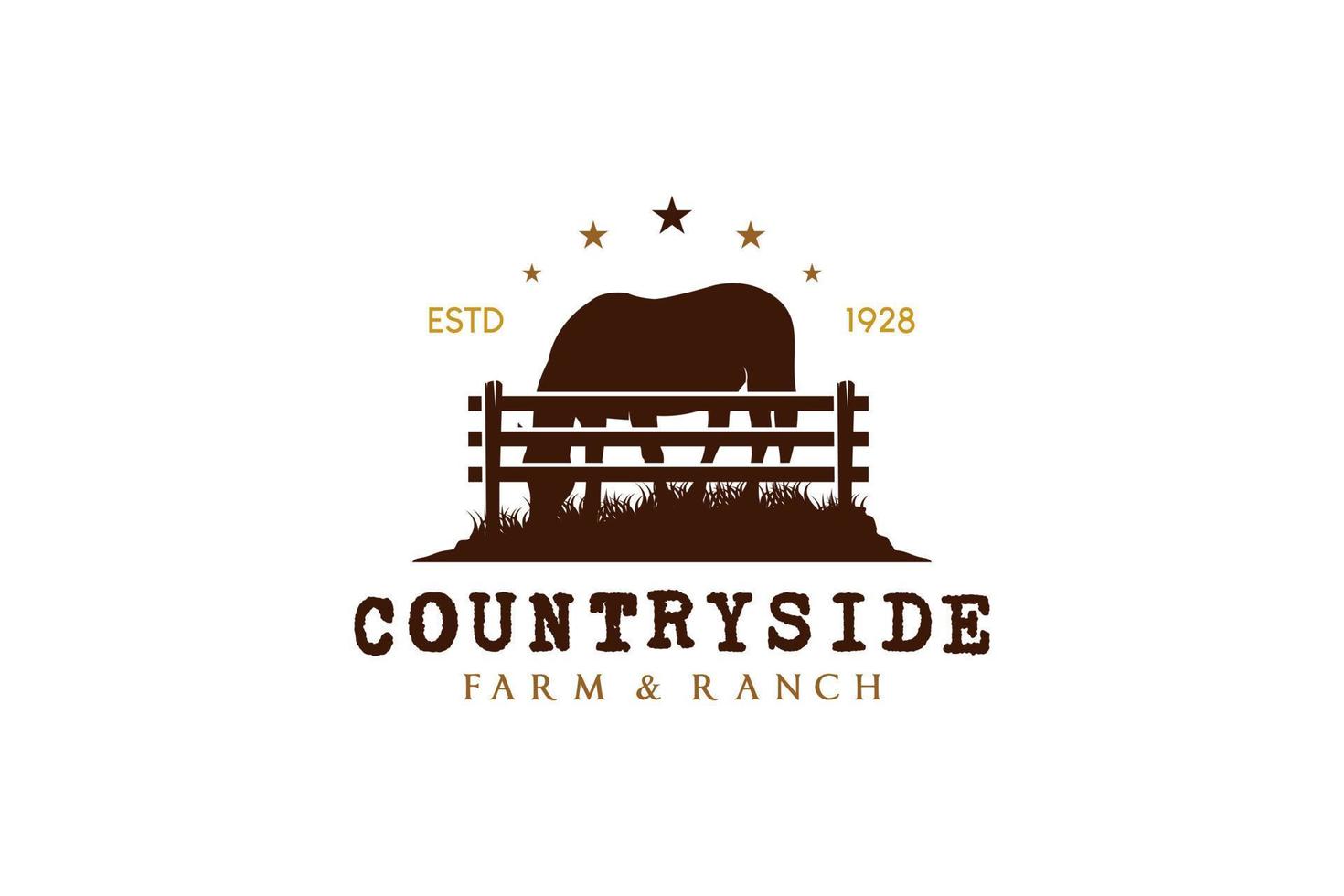 silhouette di cavallo mangiare erba dietro a di legno recinto Vintage ▾ stile per logo design di cavallo ranch, animale domestico cavallo vettore