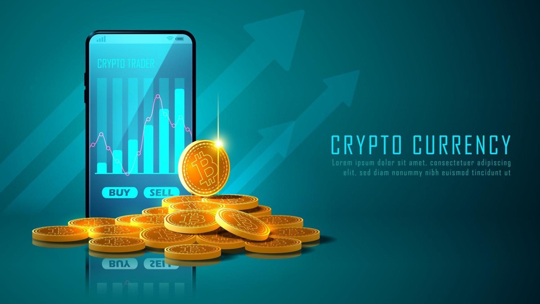 criptovaluta bitcoin con un mucchio di monete e smartphone vettore