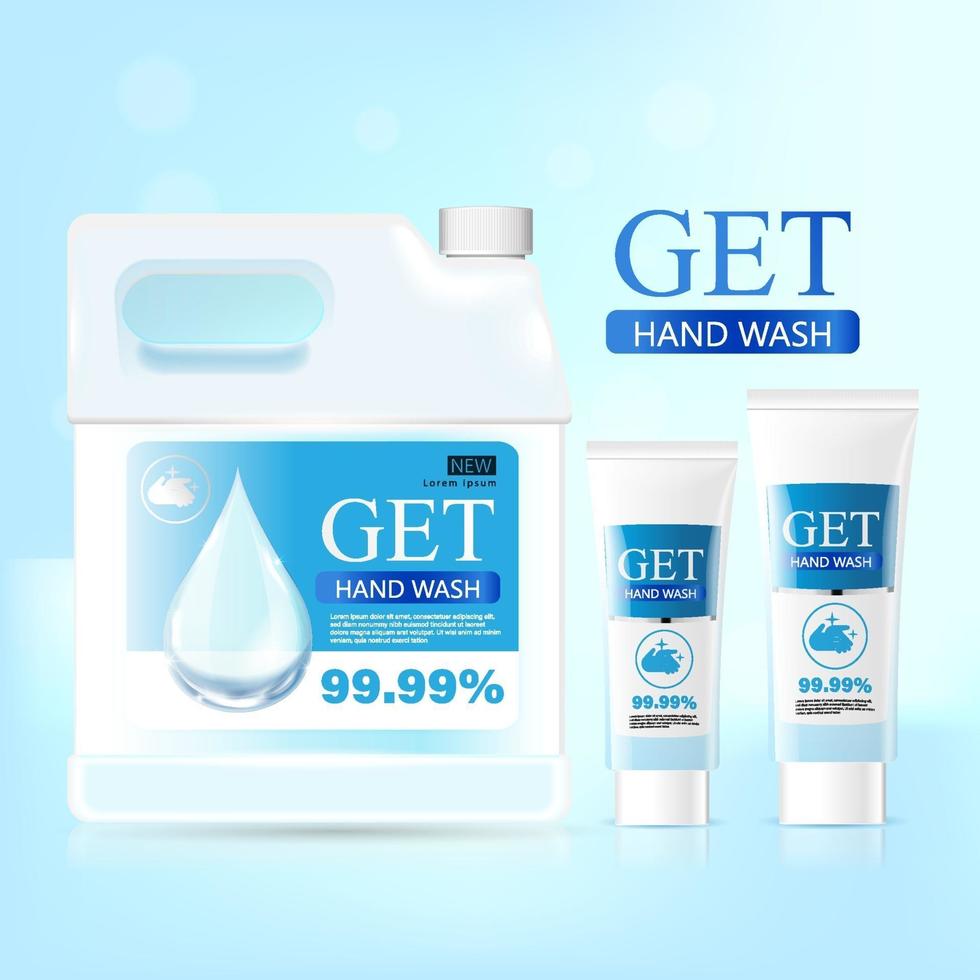 gel medico per il lavaggio delle mani, flacone trasparente nell'illustrazione 3d vettore