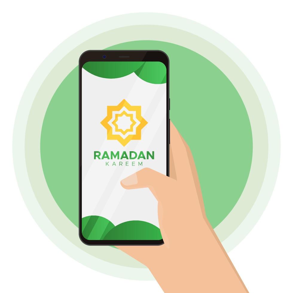 mano che tiene smartphone con testo di saluto del ramadan vettore