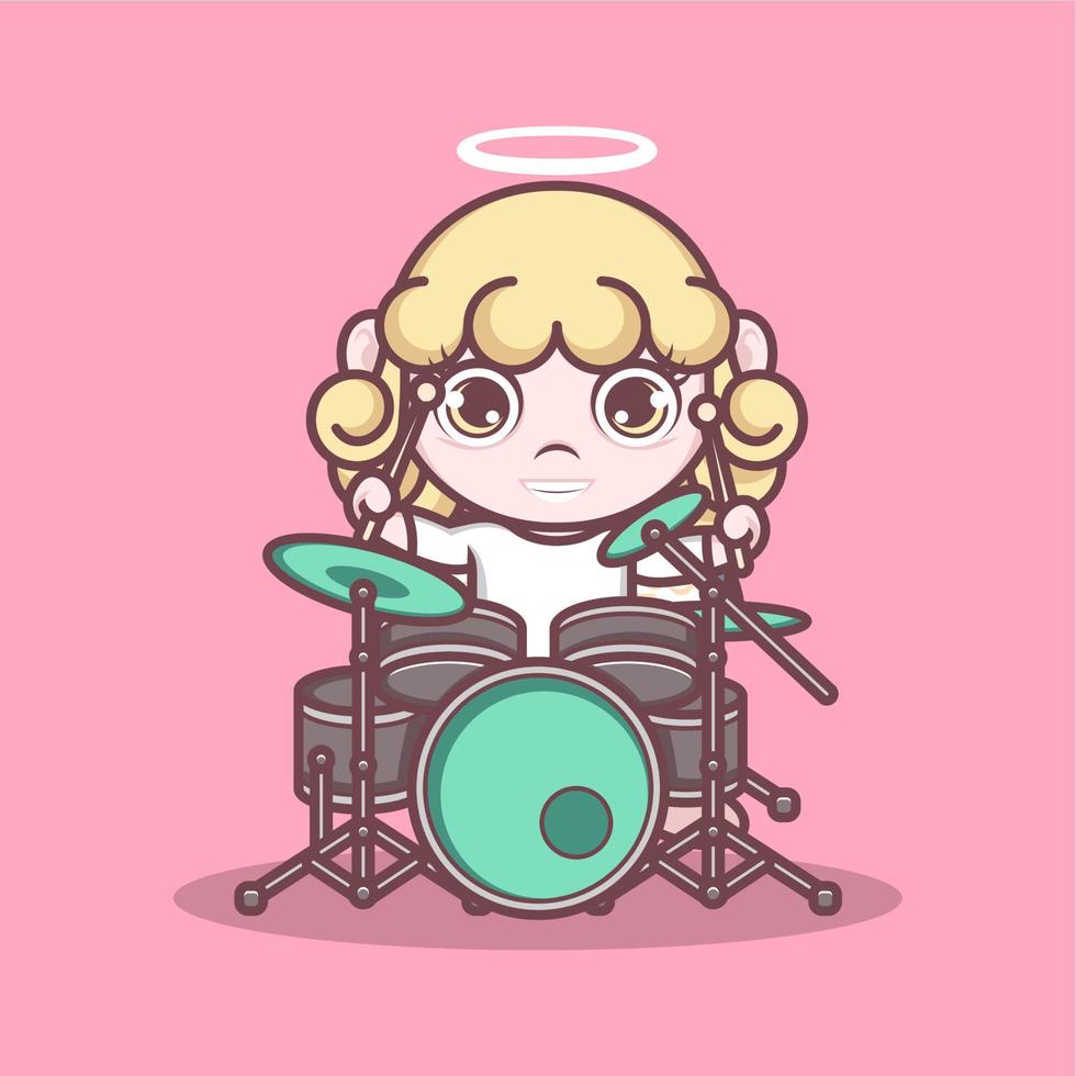 carino cartone animato angelo giocando batteria vettore