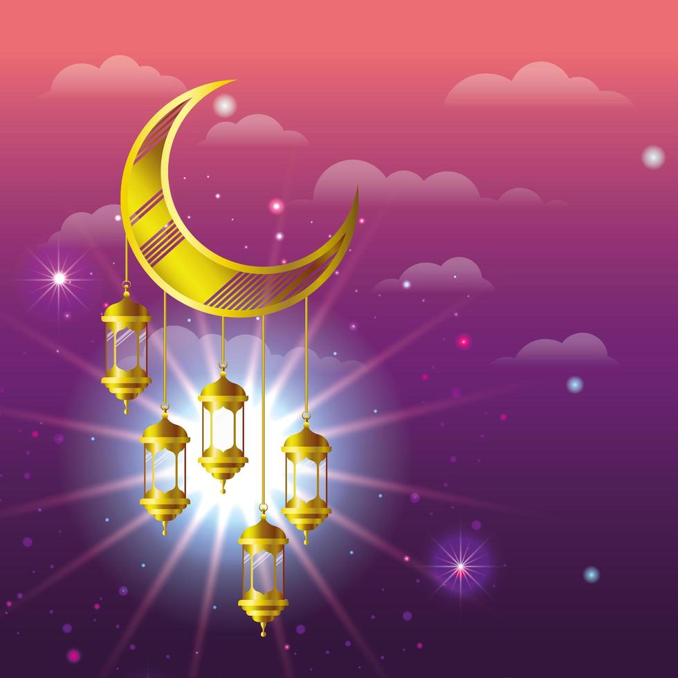 lampade dorate di ramadan kareem appese alla luna vettore