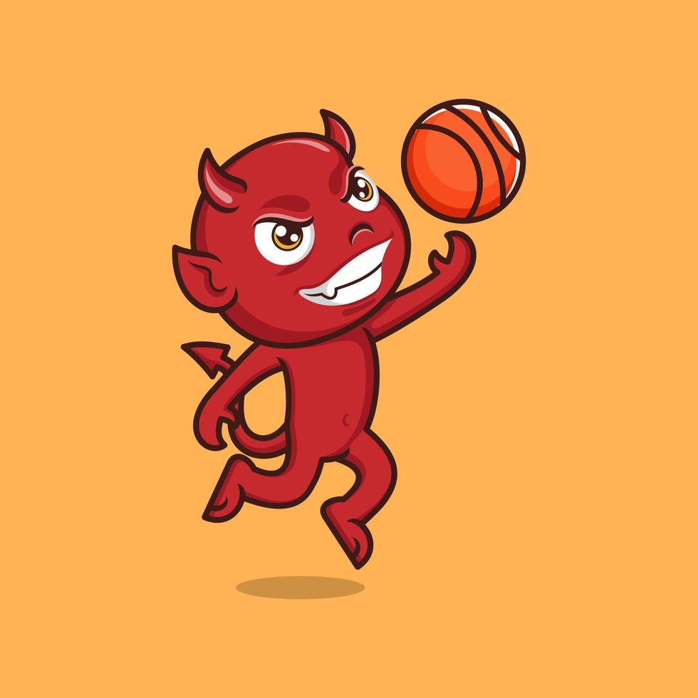 carino cartone animato diavolo giocando pallacanestro vettore
