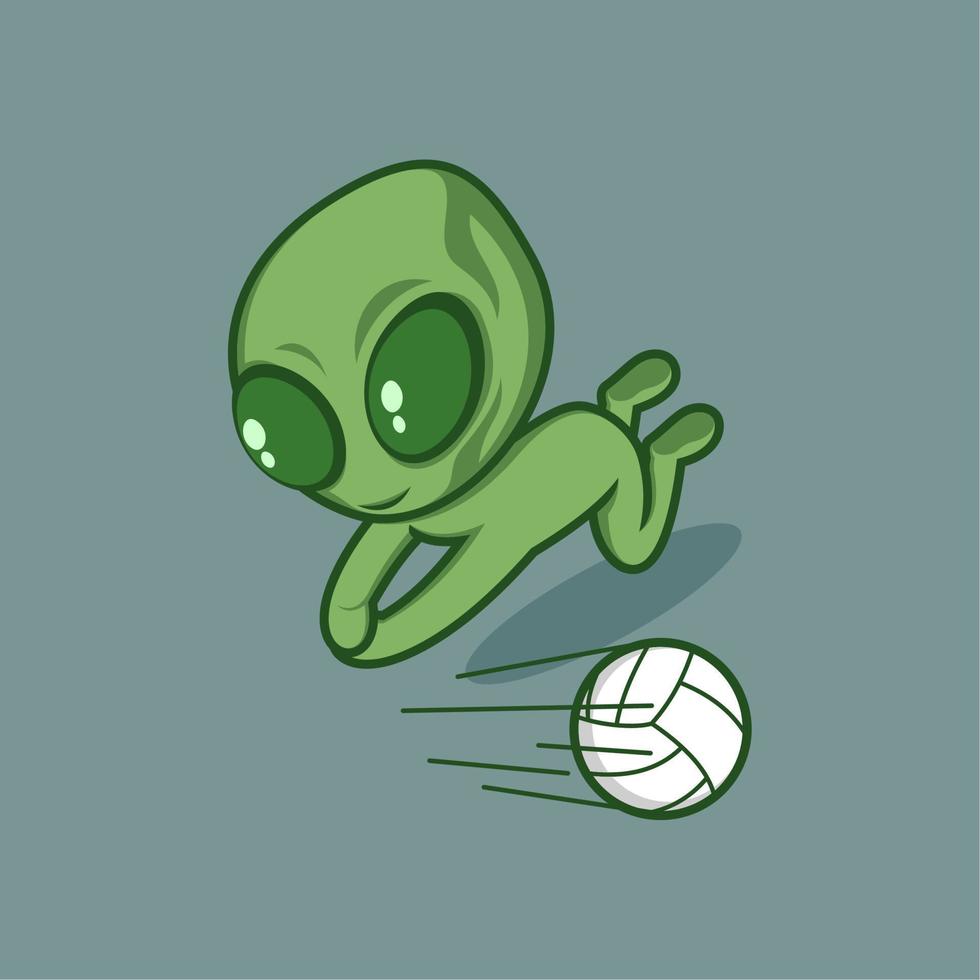 carino cartone animato alieno giocando pallavolo vettore