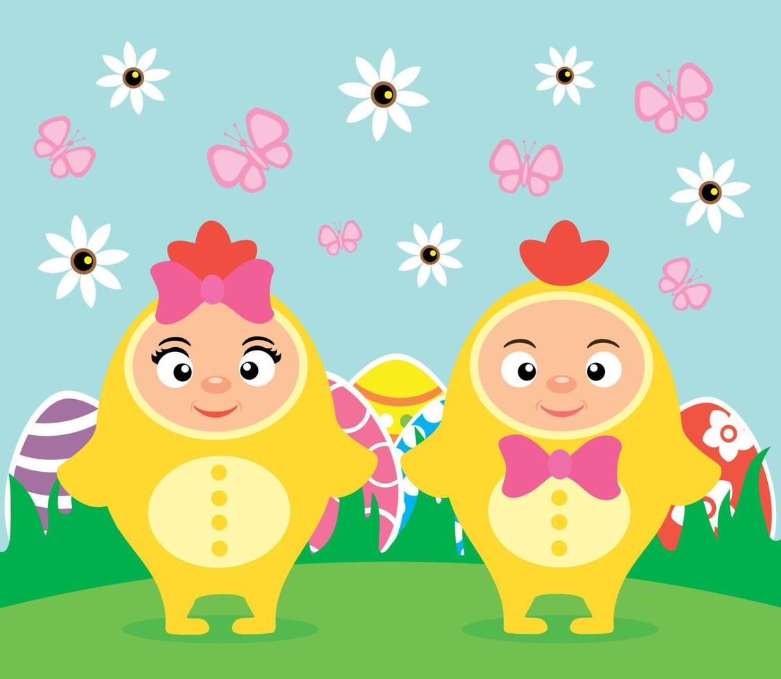 contento Pasqua carta con divertente bambini nel costume polli vettore