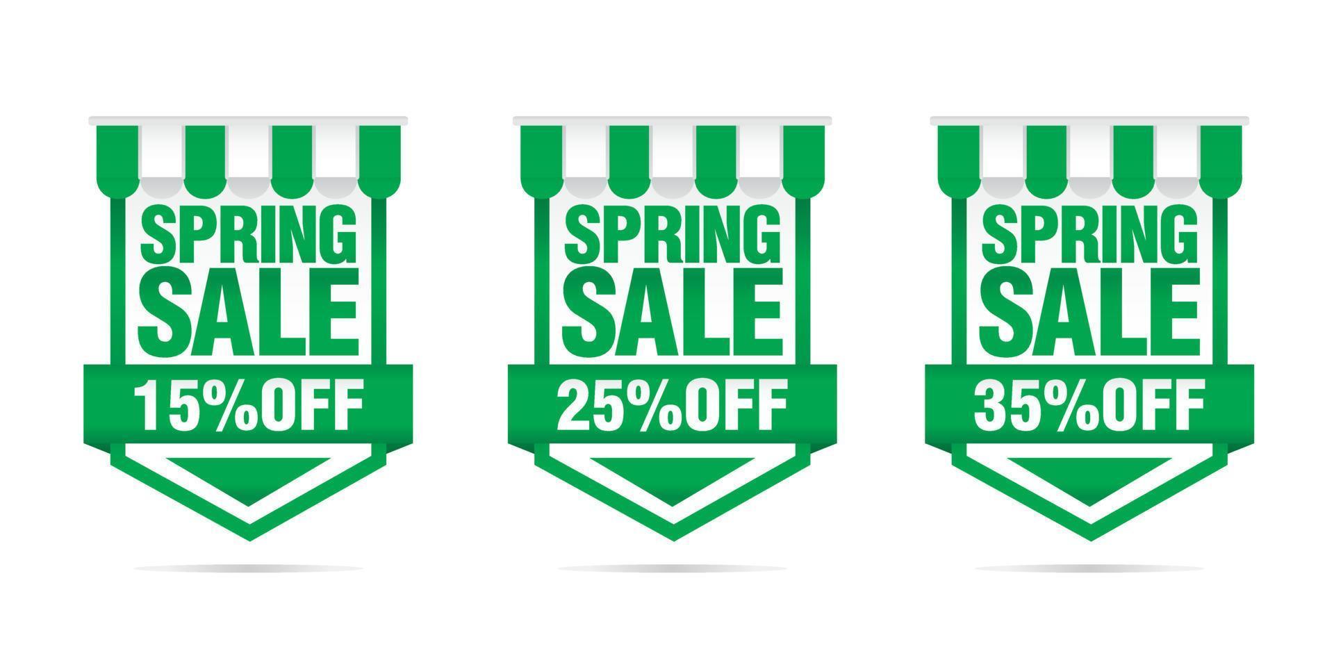 shopping saldi. impostato di primavera vendita verde badge 15, 25, 35 via vettore