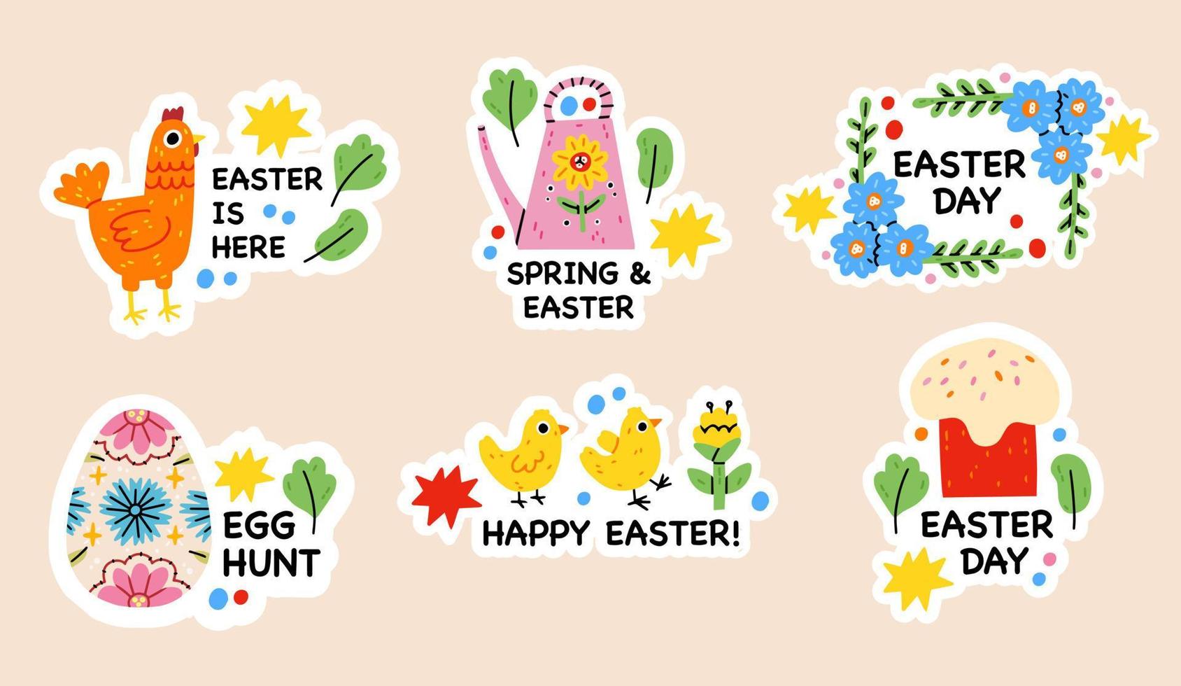 Pasqua primavera scarabocchio elementi. coniglio, fiori e polli, carino Pasqua tema simboli. vacanza Pasqua icone cartone animato illustrazione adesivi con calligrafia testo. Pasqua saluto macchine. mano disegnare bambino vettore