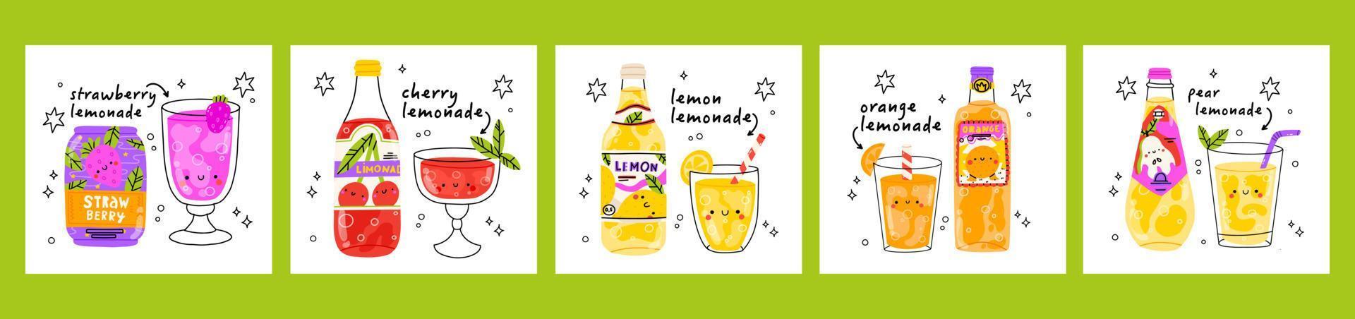 impostato di 5 manifesto di carino limonate. isolato. vettore cartone animato personaggio mano disegnato stile illustrazione. kawaii sorridente limonata.mano disegnato carino vettore per Web, progettazione, stampa, isolato su bianca.