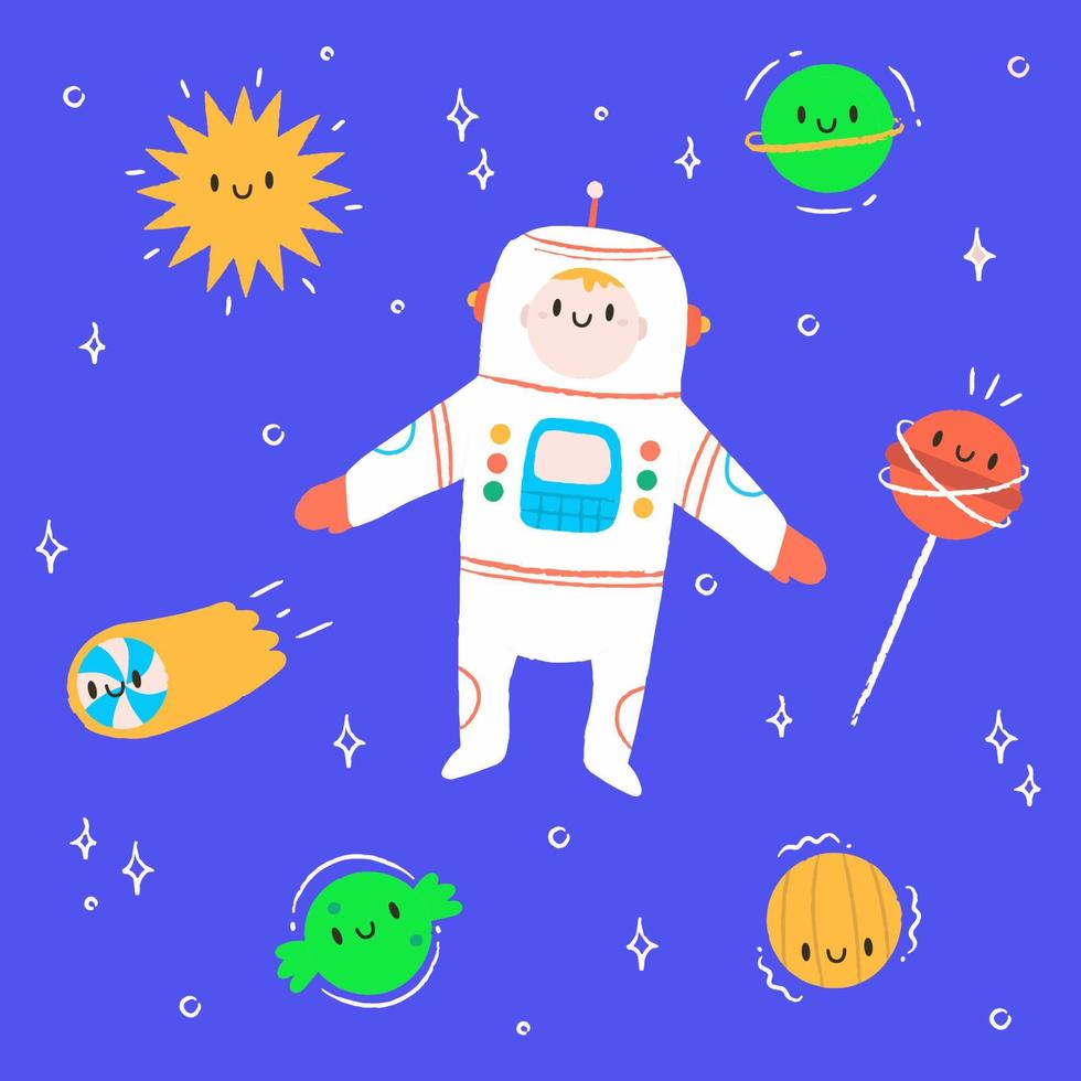 poco ragazzo è un cosmonauta nel spazio tra il stelle. vettore mano disegnare illustrazione nel piccolo stile.astronauta, terra, Saturno, Luna, cometa, costellazione e stelle. adorabile ragazzo illustrazione nel il bambino