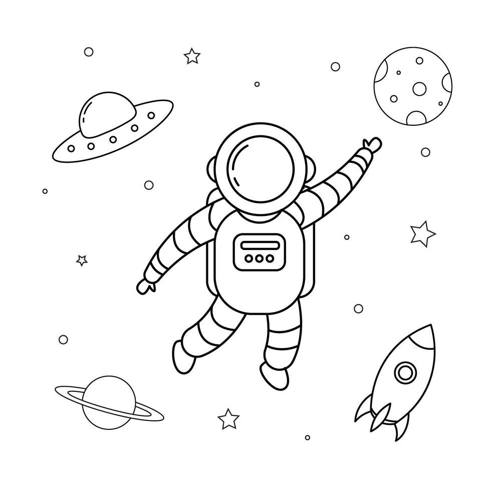 piccolo astronauta e contorno dello spazio esterno per libro da colorare per bambini vettore