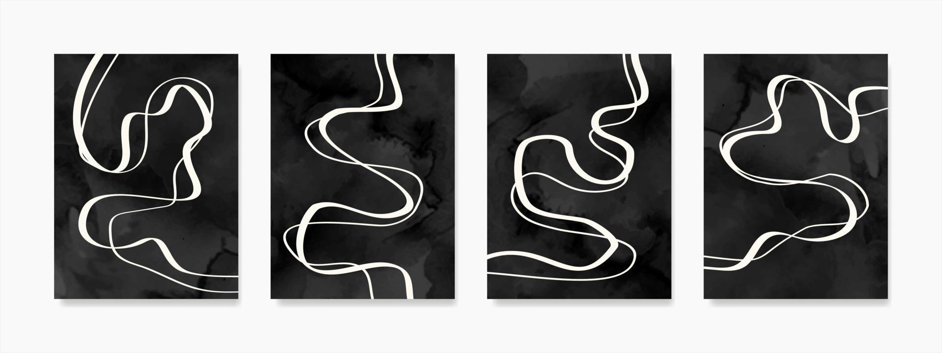 contemporaneo parete arte con biologico astratto spazzola ictus forme e bianca Linee su nero tela. casa arredamento per parete decorazione, copertine, inviti, striscioni, opuscoli, manifesti, carte. vettore