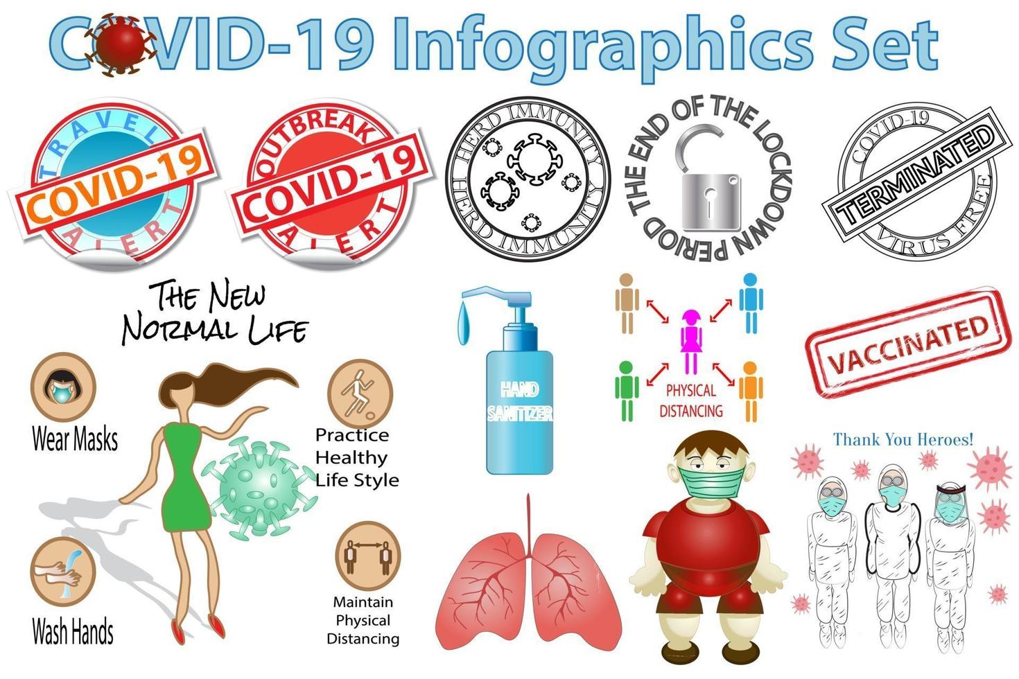 set di icone e badge infografica covid-19 vettore