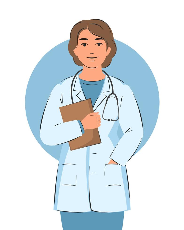 medico donna nel bianca cappotto. amichevole e cura medico lavoratore. vettore illustrazione.