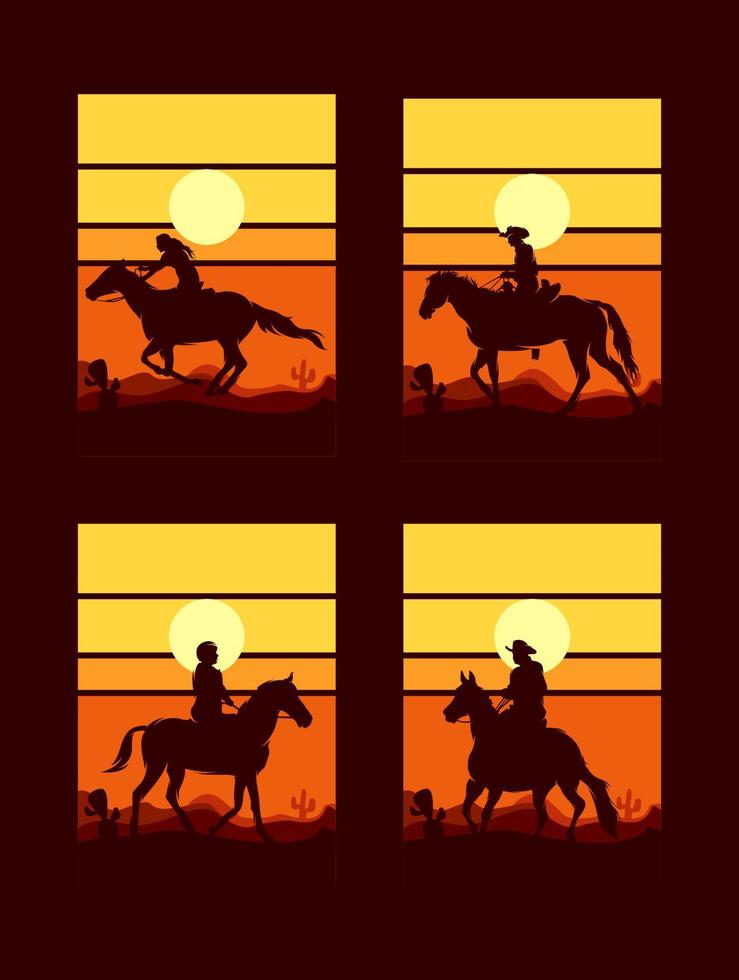 impostato di cowboy equitazione cavallo silhouette a tramonto logo vettore