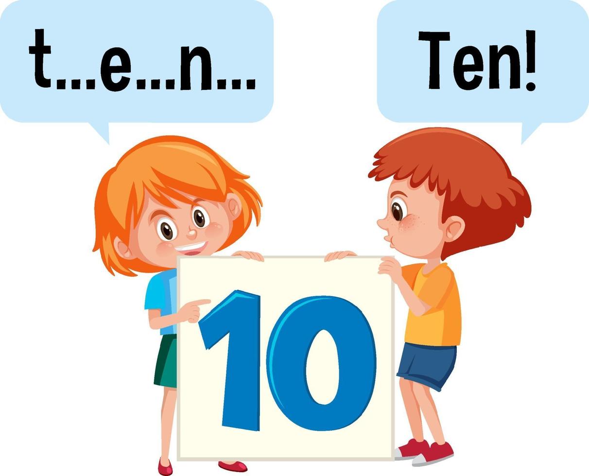 personaggio dei cartoni animati di due bambini che ortografano il numero dieci vettore