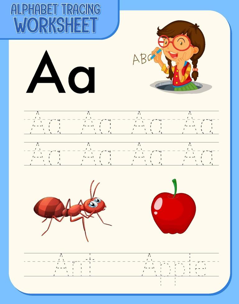 foglio di lavoro di tracciamento alfabeto con lettera e vocabolario vettore