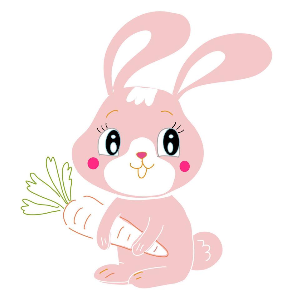 carino coniglio cartone animato con a mano libera stile disegno. coniglio detiene carota nel mani. vettore