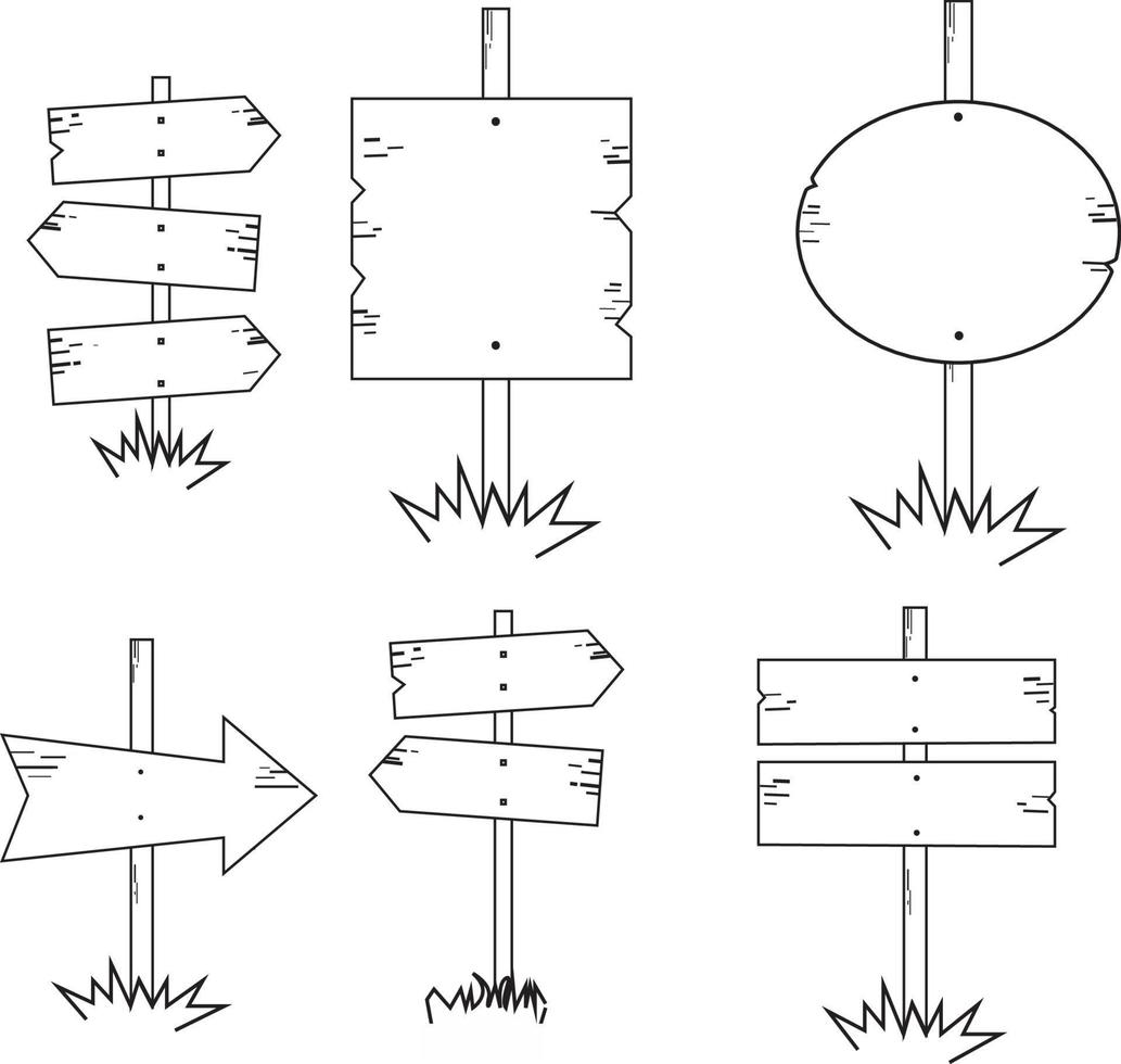 di legno strada segni scarabocchio impostare. di legno direzione segni e frecce nel schizzo stile. mano disegnato illustrazione isolato su bianca sfondo. vettore