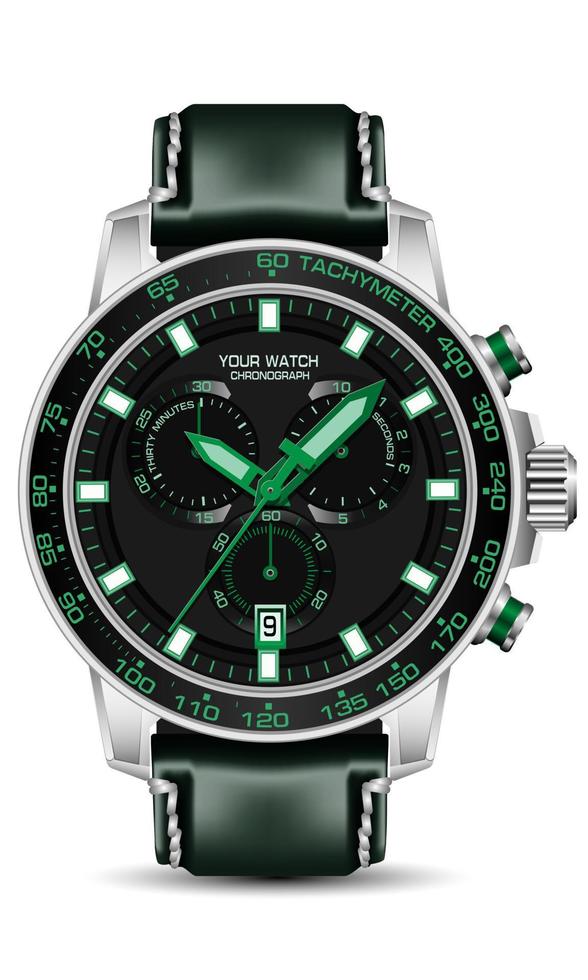 realistico argento nero orologio cronografo grigio viso verde pelle cinghia su bianca sfondo design per uomini moda vettore