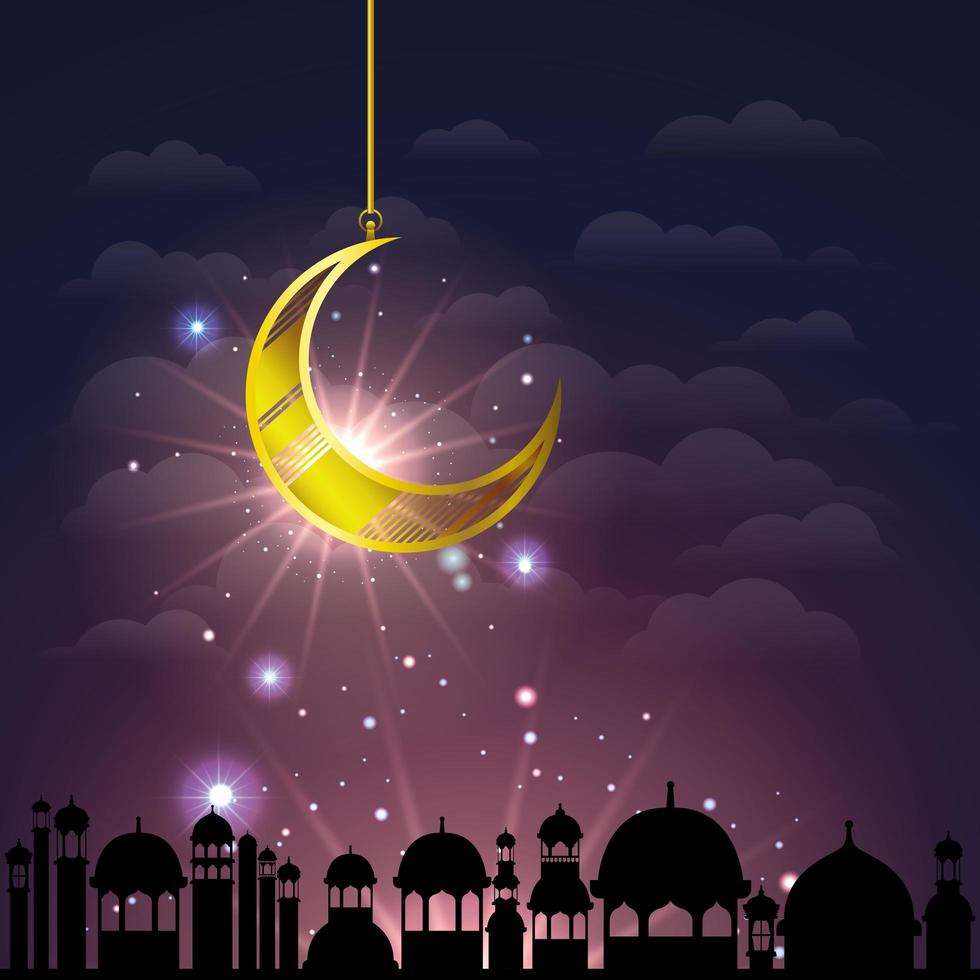 paesaggio urbano di Ramadan Kareem con impiccagione di luna dorata vettore